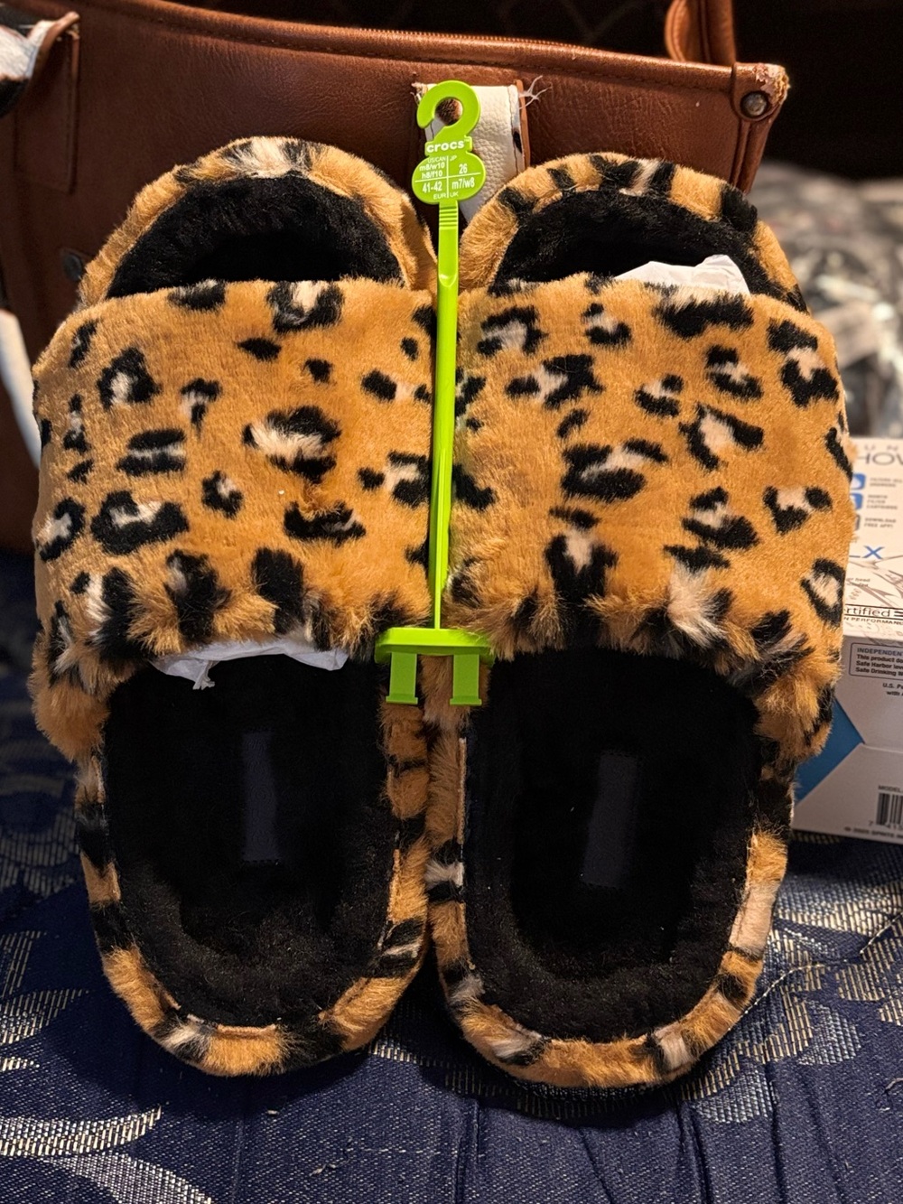 CROCS Leopard Print Fuzzy Slide Slippers in Tan and Black!